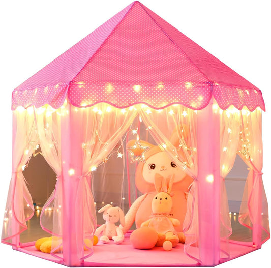 Monobeach Prinseskasteel-speeltent vir Dogters - Groot 55'' x 53'' Speelhuis met Sterliggies vir Binne- en Buitegebruik