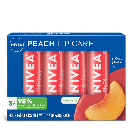 NIVEA Peach Lip Care, Getinte Lipbalsem Pakkie met Kariteebotter, Voedende Olies en Vitamien C & E, 3-in-1 Vog, Herstel en Kleur, 0.17 Oz Stokkie, Pakkie van 4