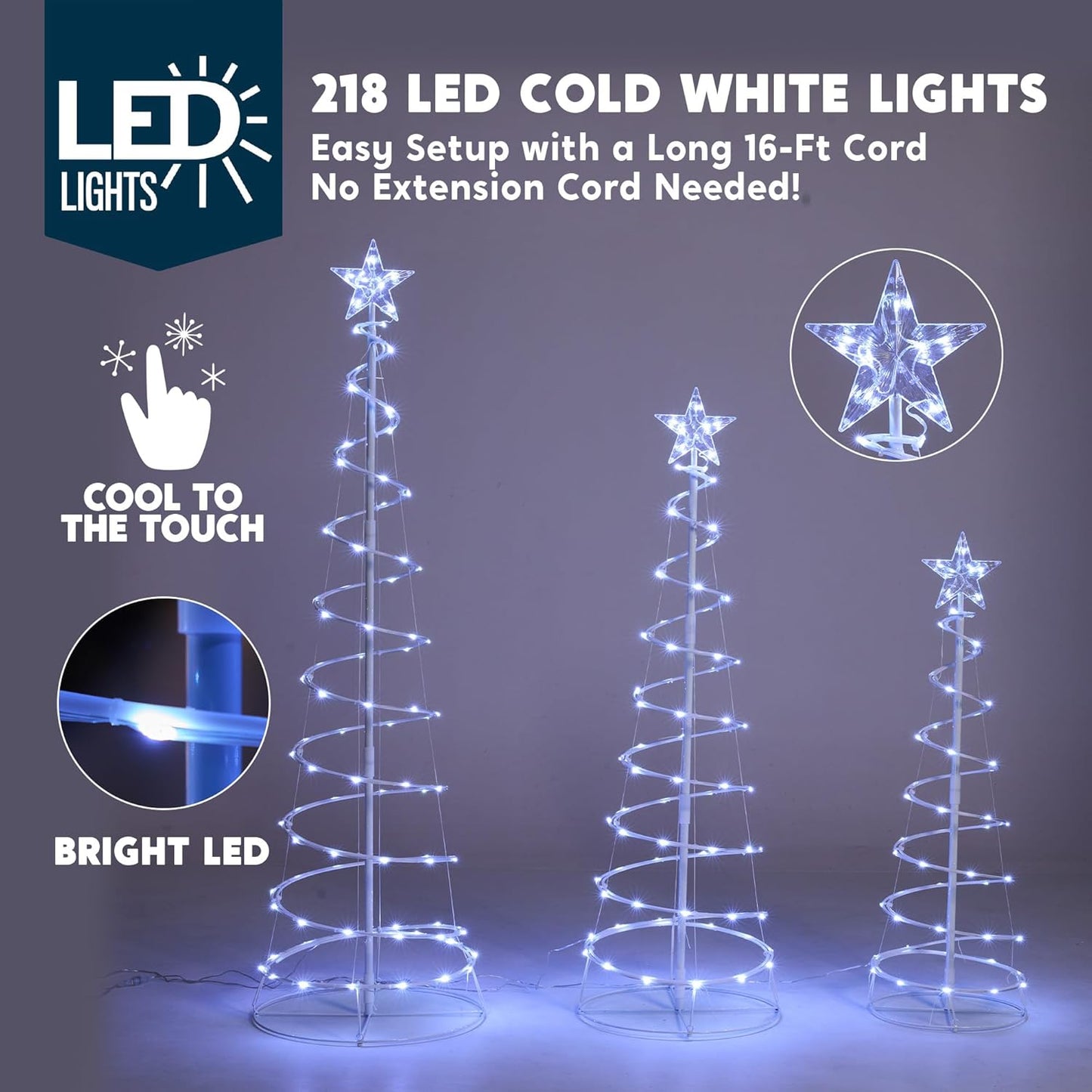 (3Pack) Spiral Christmas Tree Lights, 218 LED Outdoor Lighted Tree with Star Topper & Stakes, Christmas Decorations - Cool White