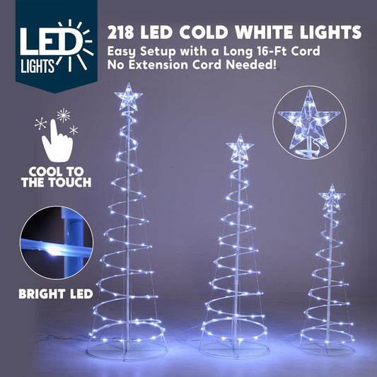 (3Pack) Spiral Christmas Tree Lights, 218 LED Outdoor Lighted Tree with Star Topper & Stakes, Christmas Decorations - Cool White