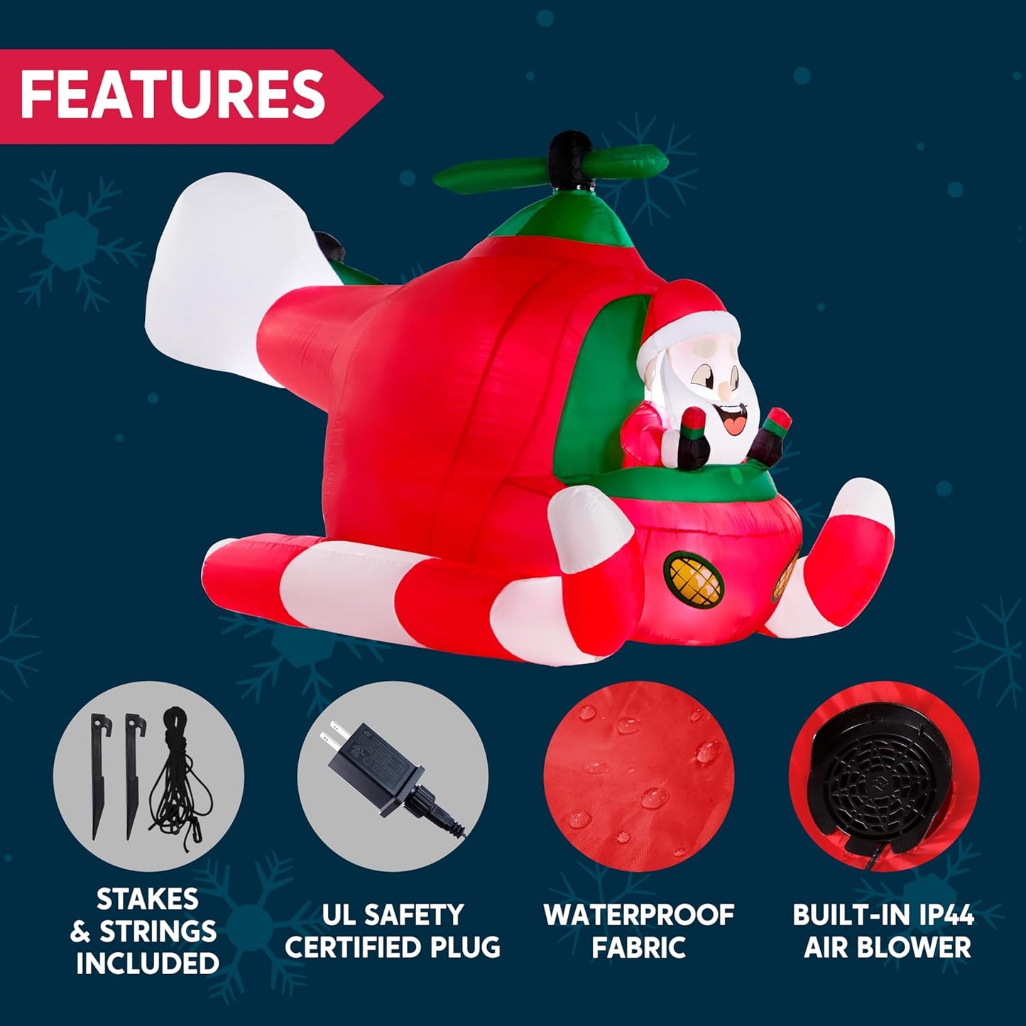 (7FT) Long Christmas Inflatable Santa Elf on Animated Helicopter, Blow Up Santa Inflatable on Flying Airplane with Rotating Propeller Decor