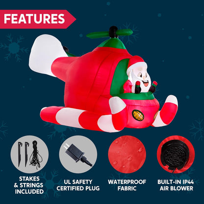(7FT) Long Christmas Inflatable Santa Elf on Animated Helicopter, Blow Up Santa Inflatable on Flying Airplane with Rotating Propeller Decor