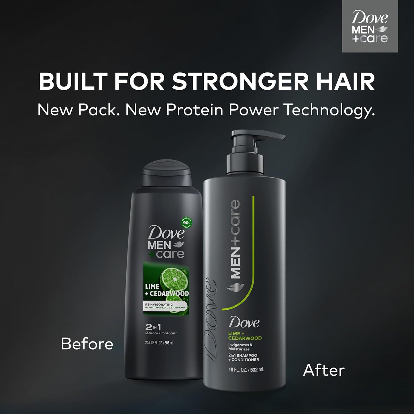 DOVE MEN + CARE Shampoo Lime & Cedar for Real Hair that Powers Up Hair Strength, with Invigorating & Moisturizing Results, 18 Fl oz (2 CT)