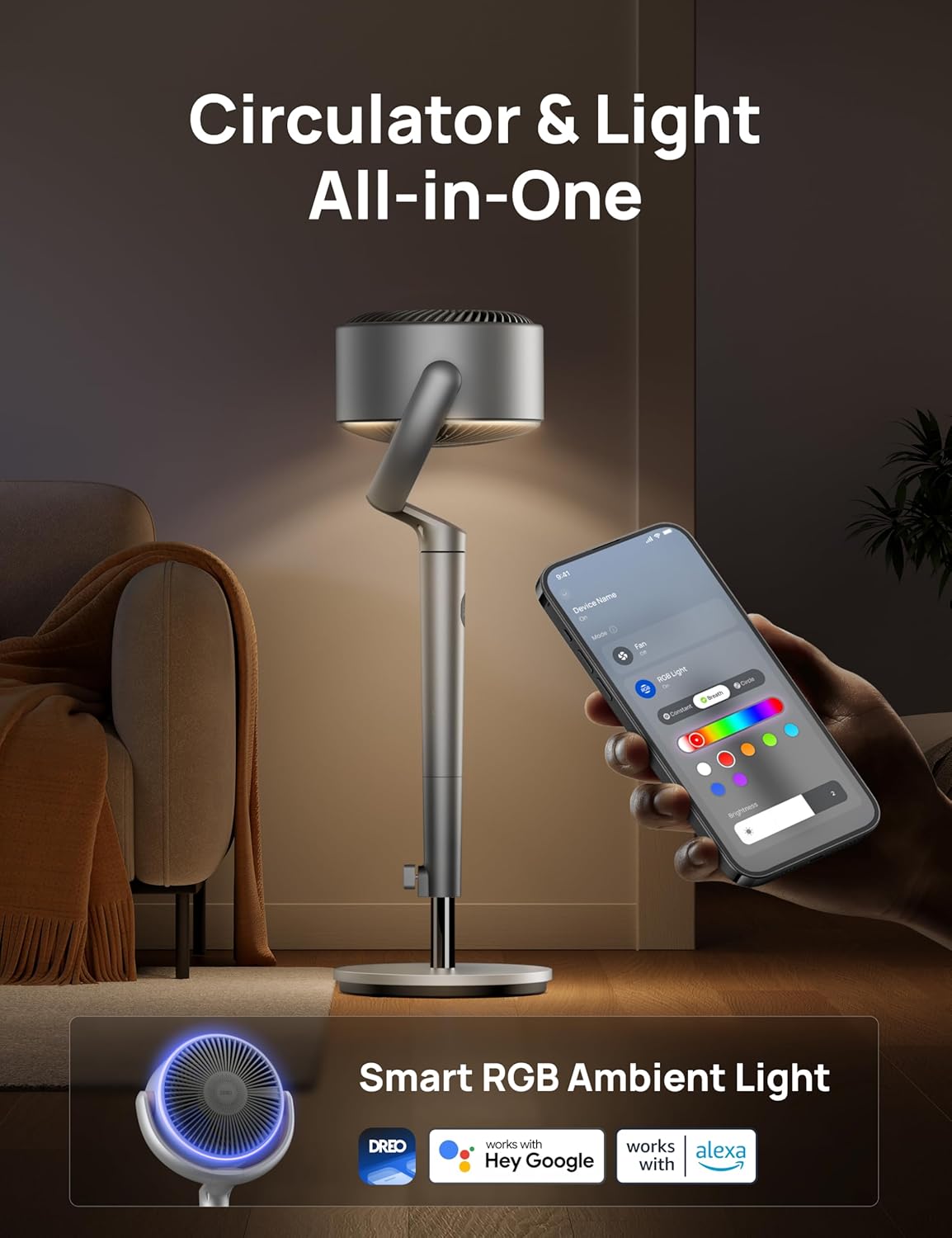 Slim Ossillerende Waaier 120° Omnirigting, 27m Stil Voetstuk m/ RGB Lig, 9 Spoede, 6 Modusse 8H Tydhouer, Wi-Fi/Stem, 94-107cm - Silwer