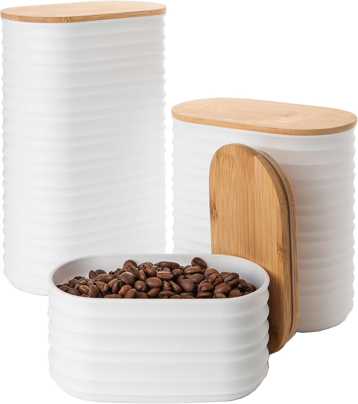 Mixpresso White Canisters Sets for the Kitchen – 3-Piece Airtight Plastic Sugar Container Set with Bamboo Lids in Three Different Sizes – Decorative Modern Storage Jars for Coffee, Tea & Countertops