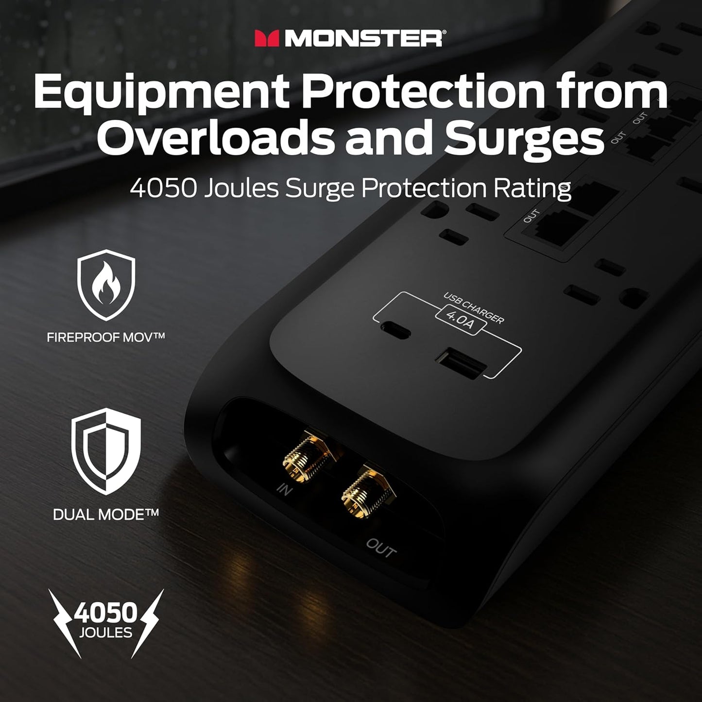Monster Power Surge Protector w/ 4,050 Jules Rating — Heavy Duty Power Strips with Surge Protection, 8 Outlets, USB-A & USB-C, 2 Coax, 5 Ethernet Ports, Fireproof MOV, Dual Mode (6FT Cord, Black)