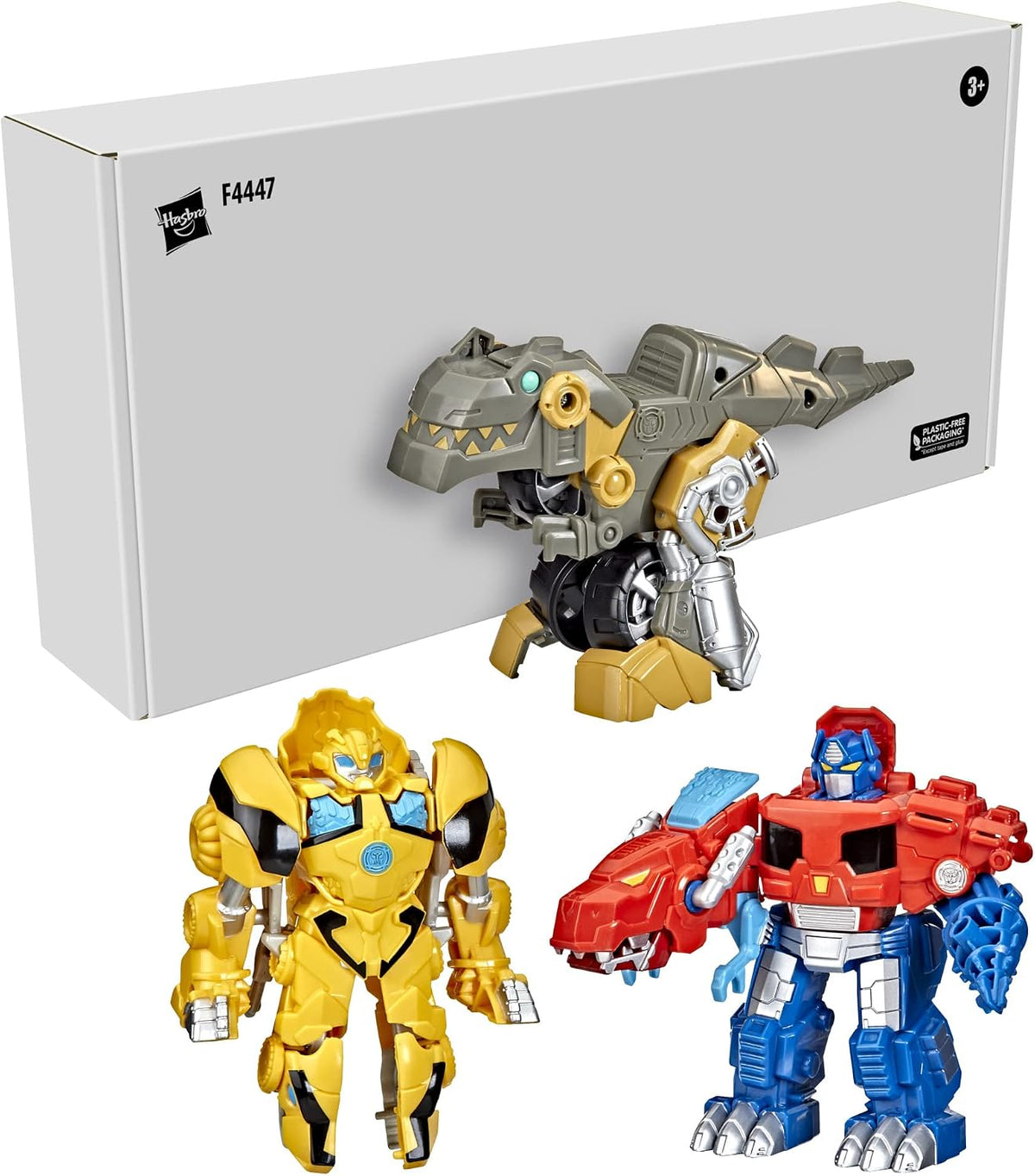 Transformers Playskool Primal 4.5-Inch Team-Up (3-Pack) w/ Optimus Prime,Bumblebee, and Grimlock Converting Dinosaur Figures, Toys