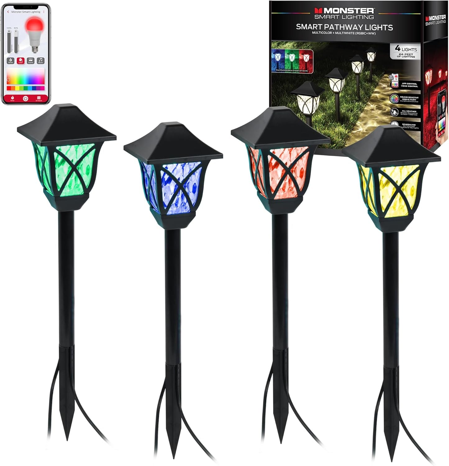 Monster Smart RGB+IC+WW Pathway LED Lights, 4 Individually Controlled Dimmable LEDs, Sound Reactive, IP44 Water & Weather Resistant, Compatible with Alexa, Siri, Google Home, Monster App, Razer Chroma