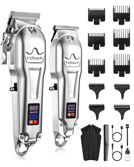 Haarknippers vir Mans Professioneel, Barbier Knippers en Trimmers Stel, Koordlose Haarknippers vir Haarknipstel met LED-skerm, Elektriese Haartrimmer, Geskenke vir Mans, Silwer