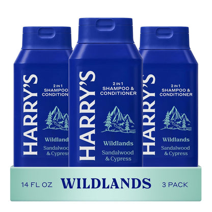 Men's 2 in 1 Shampoo and Conditioner for All Hair Types - New Wildlands Scent No Parabens or Sulfates (3 Pack) 14 fl oz