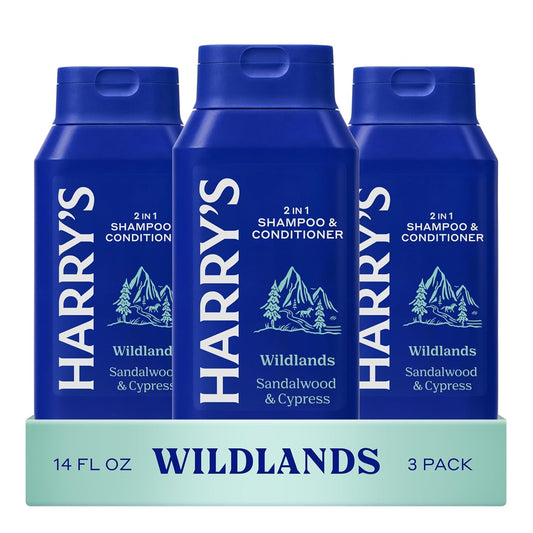 Men's 2 in 1 Shampoo and Conditioner for All Hair Types - New Wildlands Scent No Parabens or Sulfates (3 Pack) 14 fl oz