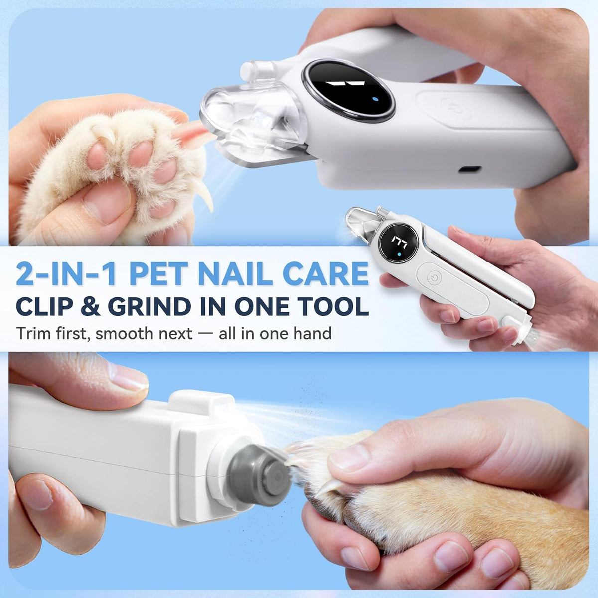 2-in-1 Quiet Electric Pet Nail Clipper Grinder w/ Light for Dogs Cats Dual LED Lights,3-Speed Grinder,Nail Clipping Splash Guard,Type-C Rechargeable - (White)
