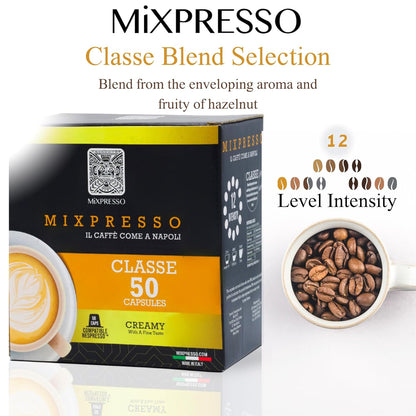 Mixpresso Classe Koffie-Espresso Kapsules Versoenbaar Met Nespresso Oorspronklike Brouers, Enkelkoppie Koffiepeule 100% uit Italië, Medium Gebraaide 80% Arabica Espresso, 50 Tellings Koffiekapsule Intensiteit 8/12