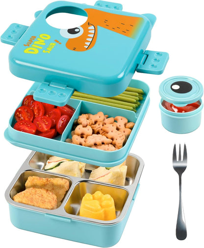 Freshmage Dubbellaag-bento-houer van vlekvrye staal met 3 kompartemente, groot kapasiteit lekvaste en BPA-vrye bento-middagetebox, duursaam, drupbestand, skottelgoedwasser-veilig, blou