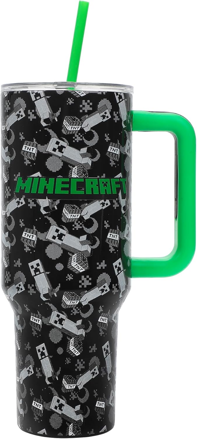 Insulated Stainless Steel Tumbler w/ Reusable Straw & Leak-Proof Lid Easy Carry Handle 40oz (Minecraft)