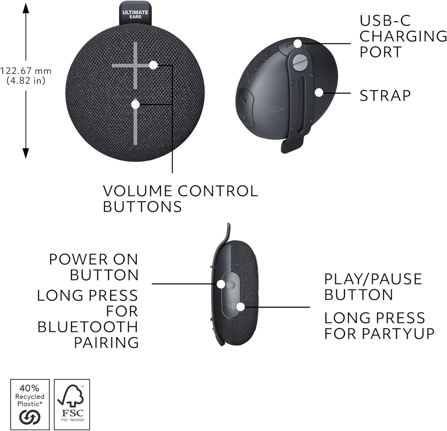 Ultimate Ears MINIROLL Ultra-Portable Waterproof Bluetooth Speaker, Big Bass, IP67 Dustproof, 131 ft (40 m) Range - Gentle Black