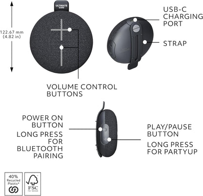 Ultimate Ears MINIROLL Ultra-Portable Waterproof Bluetooth Speaker, Big Bass, IP67 Dustproof, 131 ft (40 m) Range - Gentle Black