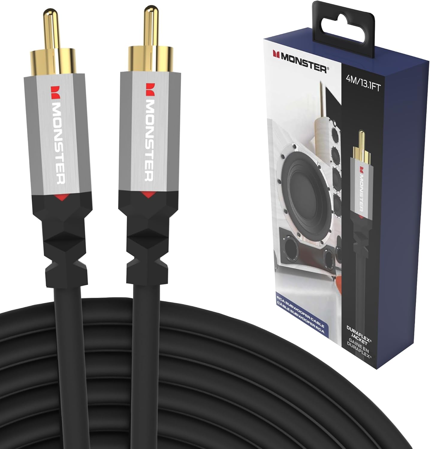 Monster Essentials Premium Subwooferkabelkonnektor vir Tuisflieks en Motors, RCA Subwoofer Oudiokabel, 13.1vt