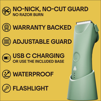 MERIDIAN Trimmer Plus Body Hair, Adjustable Guard, USB C Charging, Flash Light, Travel Lock, Charging Dock, Bikini Trimmer - Sage