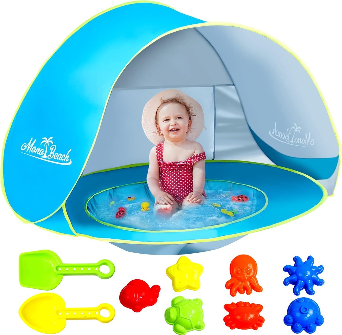 Beach Tent with Beach Sand Toys Pop Up Portable Shade Pool UPF50+ UV Protection Sun Shelter for Infant with Easy Set Up Canopy (Blue with Toys)