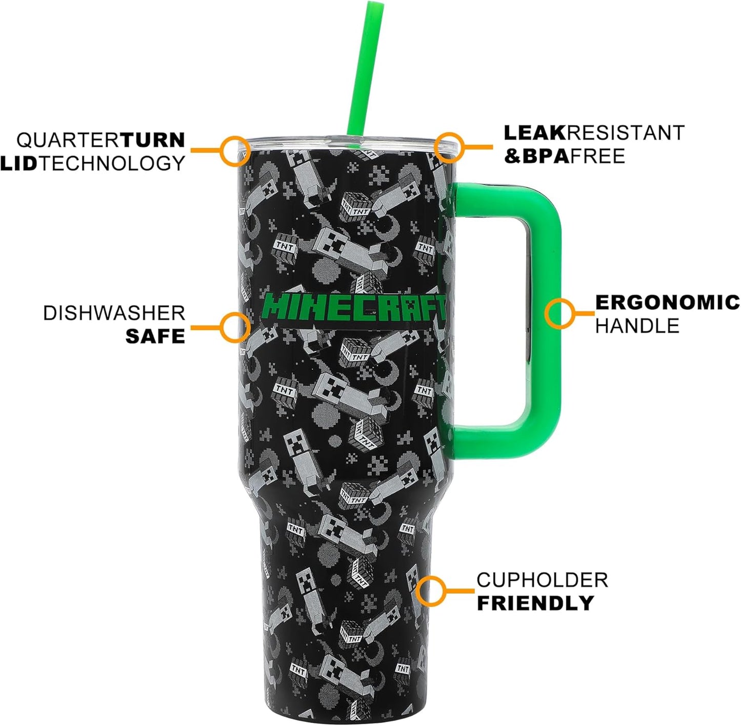 Insulated Stainless Steel Tumbler w/ Reusable Straw & Leak-Proof Lid Easy Carry Handle 40oz (Minecraft)
