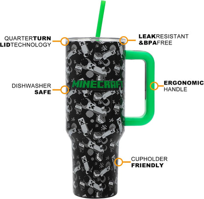 Insulated Stainless Steel Tumbler w/ Reusable Straw & Leak-Proof Lid Easy Carry Handle 40oz (Minecraft)