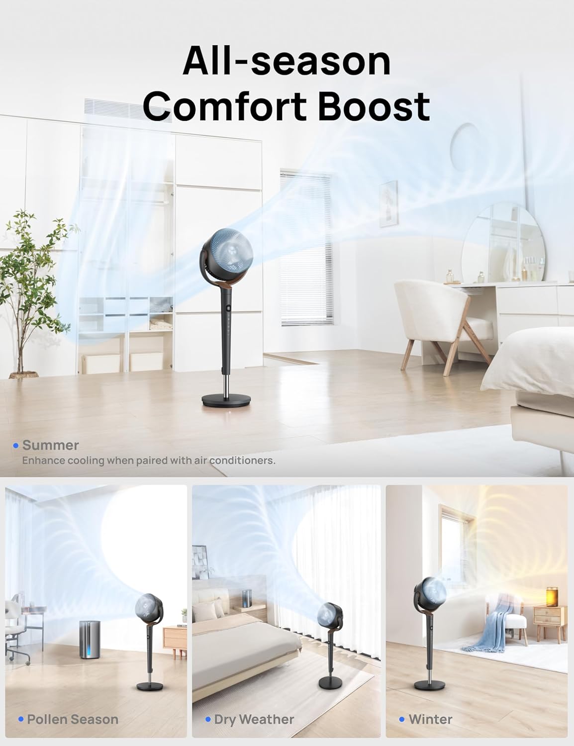 Dreo Waaier 120° Ossillerend, Stil Staander met GS-motor, 9 Spoede, 4 modusse, 37-42" Verstelbare Hoogte, 9H Tydhouer - Grys
