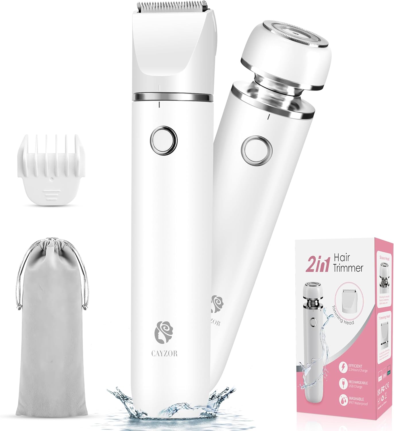 Bikini Trimmer and Shaver Kit - 2-in-1 Wet/Dry Electric Body Hair Trimmer Facial Hair Removal Cordless Waterproof (White)