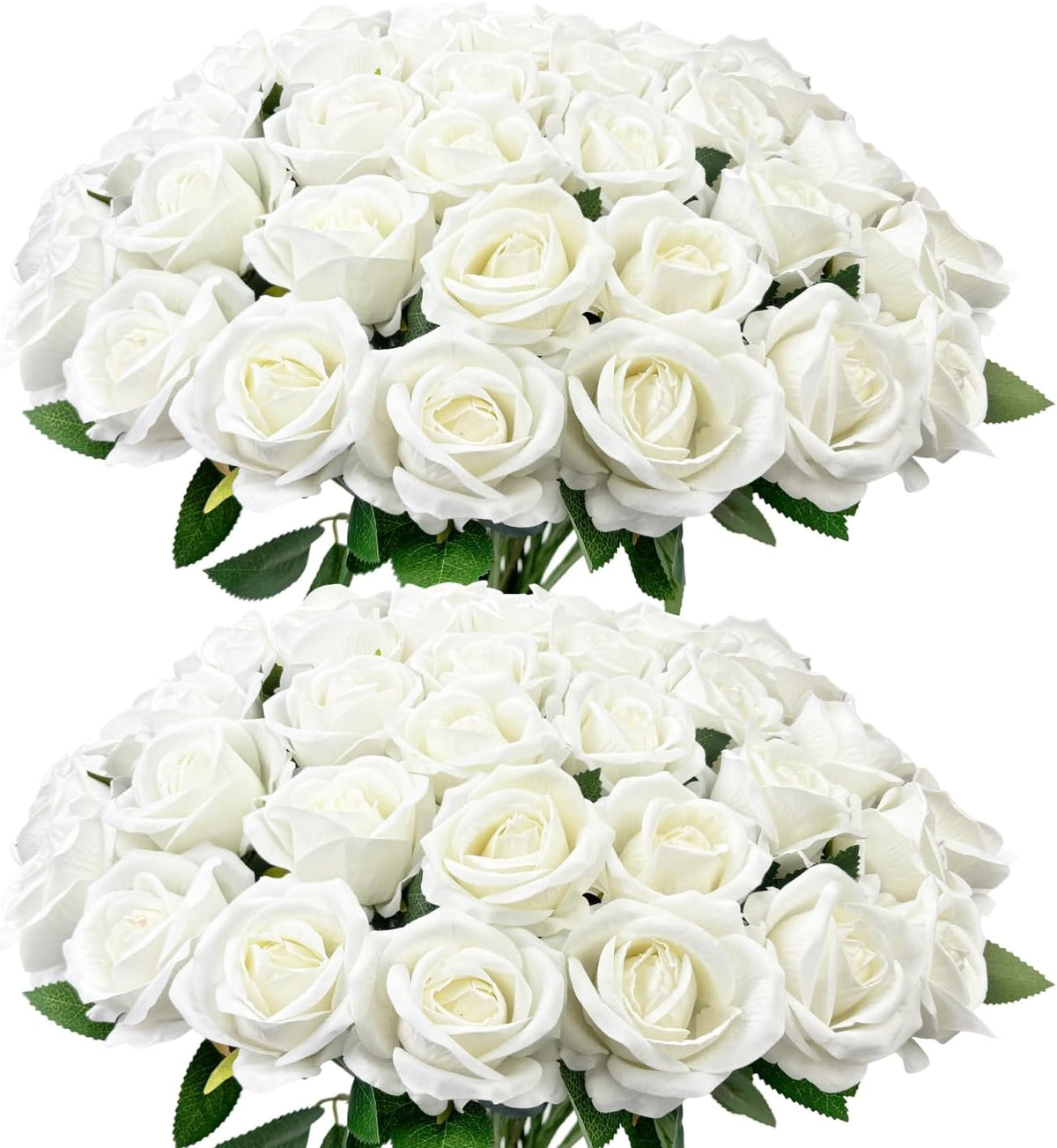 50 PCS Bulk Artificial Flowers, Fake Velvet Silk White Roses W/ Long Stems