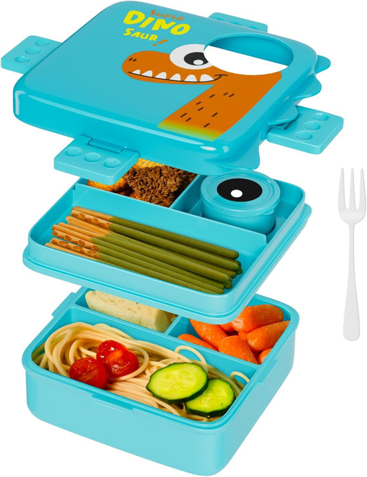 Freshmage Plastiek Dubbellaag Bento-boks-houer met 3 Kompartemente, Groot Kapasiteit Lekvry en BPA-vry Bento-middageteboks, Duursaam, Valbestand, Skottelgoedwasser- en Mikrogolfveilig, Blou