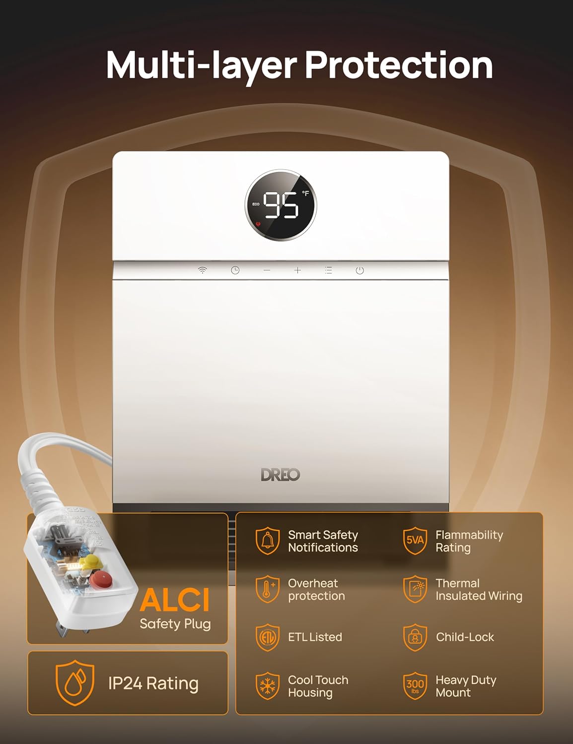 Slim Muurverwarmer, IP24 Elektriese Ruimteverwarmer met ALCI-prop vir Binnenshuise Gebruik, 30° Ossillasie, Verstelbare Termostaat, Afstandbeheer, Werk met Alexa, 24H Tydhouer
