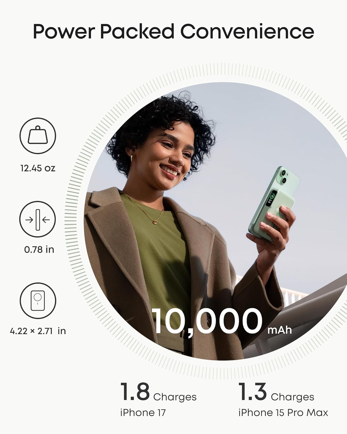 MagGo Power Bank, Qi2 Certified 15W Ultra-Fast MagSafe-Compatible Portable Charger, 10,000mAh Battery Pack with Smart Display and Foldable Stand - Green