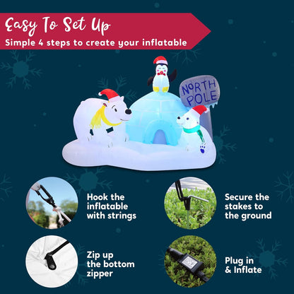 (6FT) Long Christmas Inflatable North Pole w/ Build-in LEDs, Blow Up Polar Bears & Penguin Holiday Season Decorations