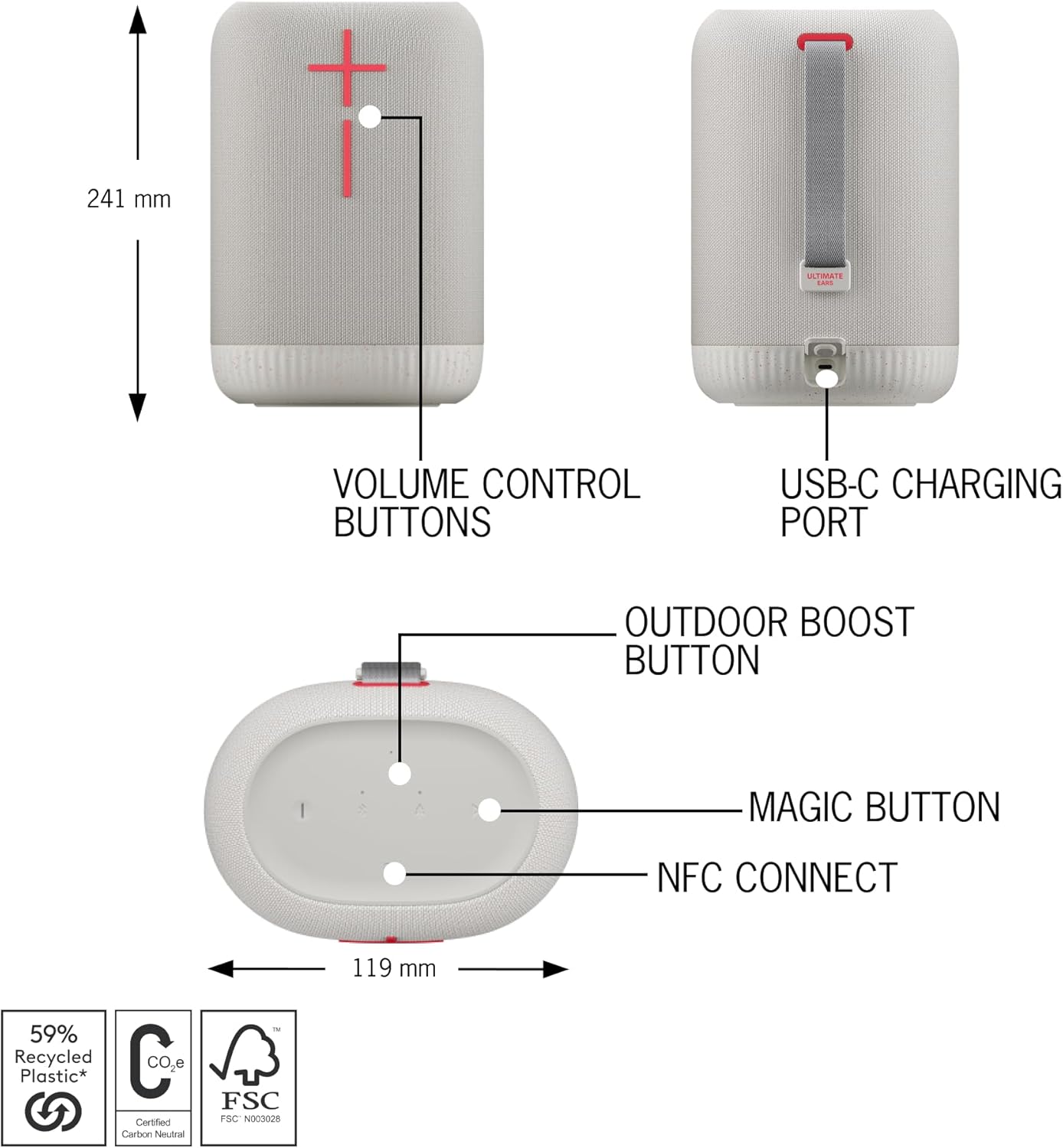 Ultimate Ears EPICBOOM, Portable Waterproof Bluetooth Speaker, Big Bass, 360-Degree Sound, Wireless Speakers, IP67, 17Hr Battery, USB C - White