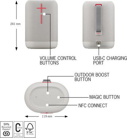 Ultimate Ears EPICBOOM, Portable Waterproof Bluetooth Speaker, Big Bass, 360-Degree Sound, Wireless Speakers, IP67, 17Hr Battery, USB C - White