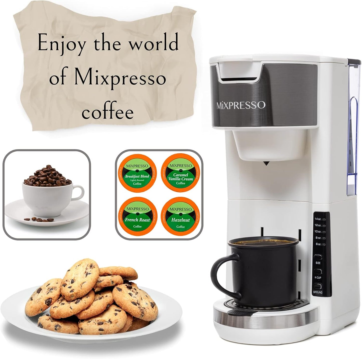 Mixpresso Wit Enkelbedien Koffiebrouer K-Cup Peule Versoenbaar & Gemaal, 30 oz Kompakte Koffiemaker Enkelbedien Met 5 Brougroottes Tot 14 Oz, Pas Reismbeker, Verstelbare Drupbak