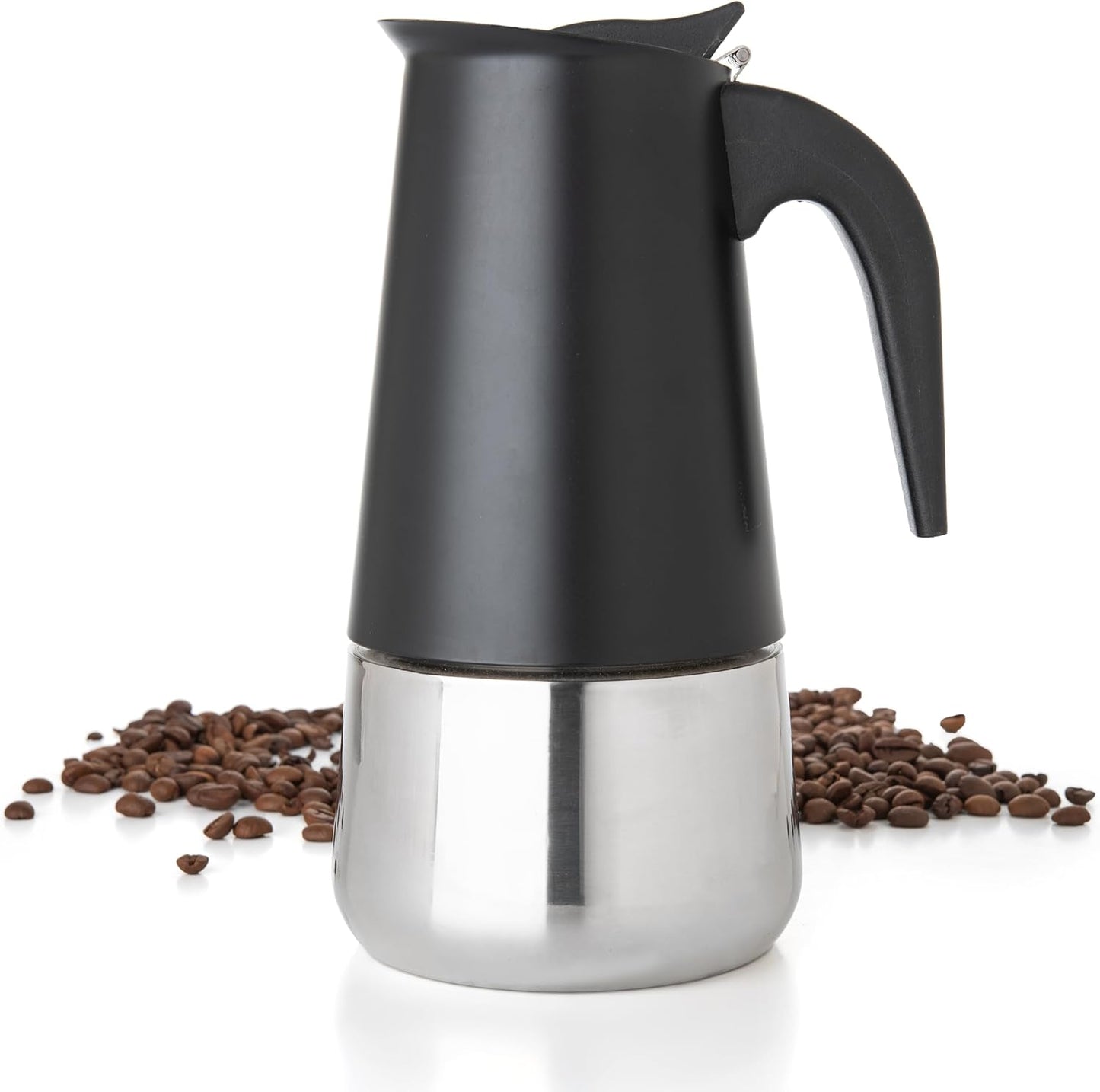 Mixpresso Swart 9 Koppie Greca Stofplaat-Espressopot 450ml/15oz, Mokapot met Koffieperkolator-ontwerp, Vlekvrye Staal Stofplaat-Koffiemaker vir Kamp- of Tuisgebruik, Italiaanse Stofplaat-Espressomaker
