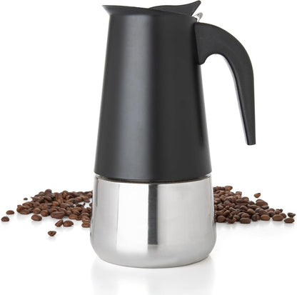 Mixpresso Swart 9 Koppie Greca Stofplaat-Espressopot 450ml/15oz, Mokapot met Koffieperkolator-ontwerp, Vlekvrye Staal Stofplaat-Koffiemaker vir Kamp- of Tuisgebruik, Italiaanse Stofplaat-Espressomaker
