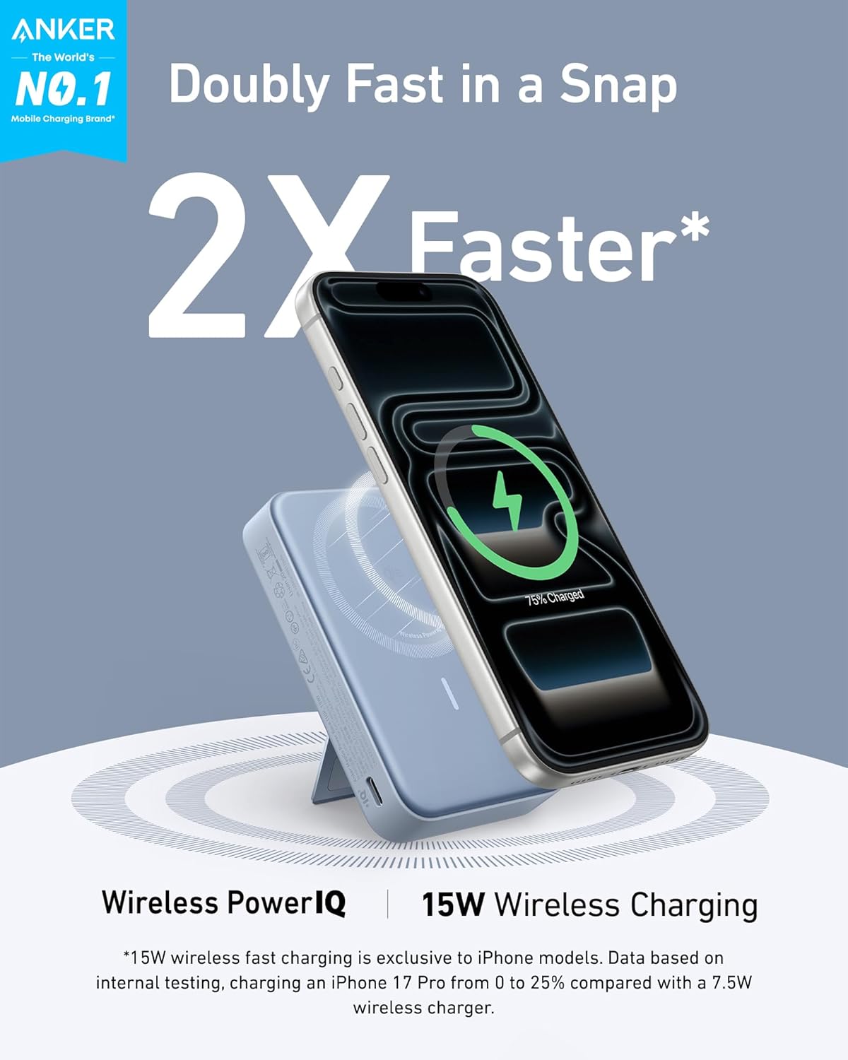 MagGo Power Bank, Qi2 Certified 15W Ultra-Fast MagSafe-Compatible Portable Charger, 10,000mAh Battery Pack with Smart Display and Foldable Stand- Blue