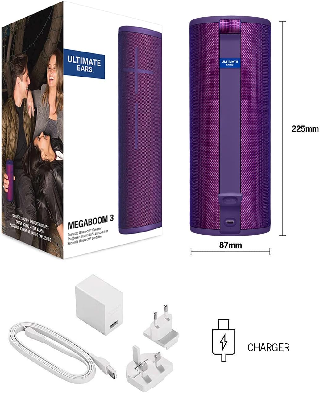 Ultimate Ears Logitech MEGABOOM 3 Portable Wireless Bluetooth Speaker (Powerful Sound + Thundering Bass, Bluetooth, Magic Button, Waterproof, Battery 20 Hours) - Ultraviolet Purple