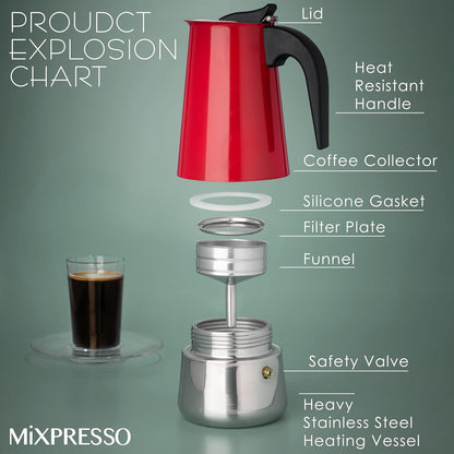 Mixpresso Rooi 9 Kophouer Greca Stoofplaat Espresso Pot 450ml/15oz, Moka Pot met Koffieperkolator-ontwerp, Vlekvrye Staal Stoofplaat Koffiemaker vir Kamp of Tuisgebruik, Italiaanse Stoofplaat Espressomaker