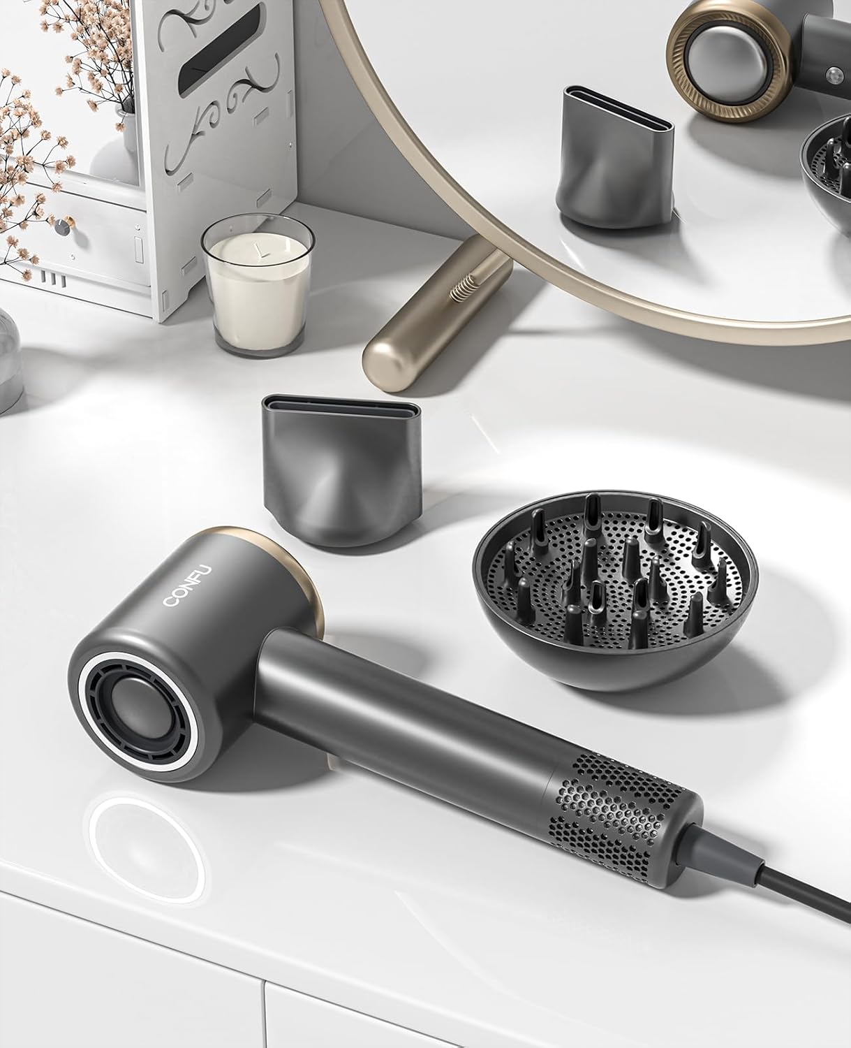 Haardroër, CONFU Blaser met Diffuser 110000 RPM, Hoëspoed Professionele Ioniese Blaser vir Vinnige Droog, Haardiffuser vir Krulhare vir Huis en Reis