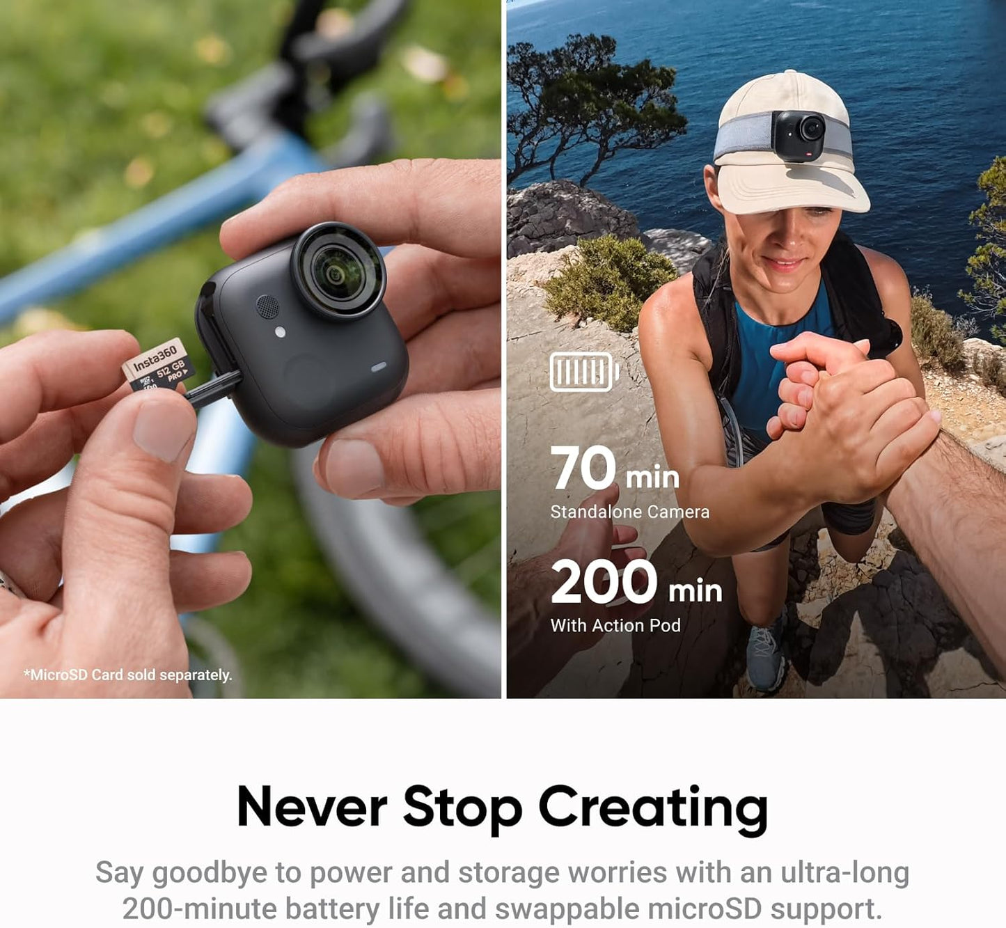Insta360 GO Ultra Creator Bundle - Small 4K Vlogging Camera, Hands-Free, POV Cam, 1/1.28" Sensor, 53g Lightweight, 156° FOV, 200 Min Battery Life, Magnetic Wearable Action Camera for Sports, Vlog