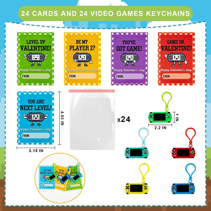 Valentines Day Classroom Exchange Gifts for Kids 2nd 3rd 4th 5th Grade, 24 Pack Video Game Keychains With Class Exchange Cards, Non Candy School Party Favors Supplies Prizes Stuff for Boys Girls