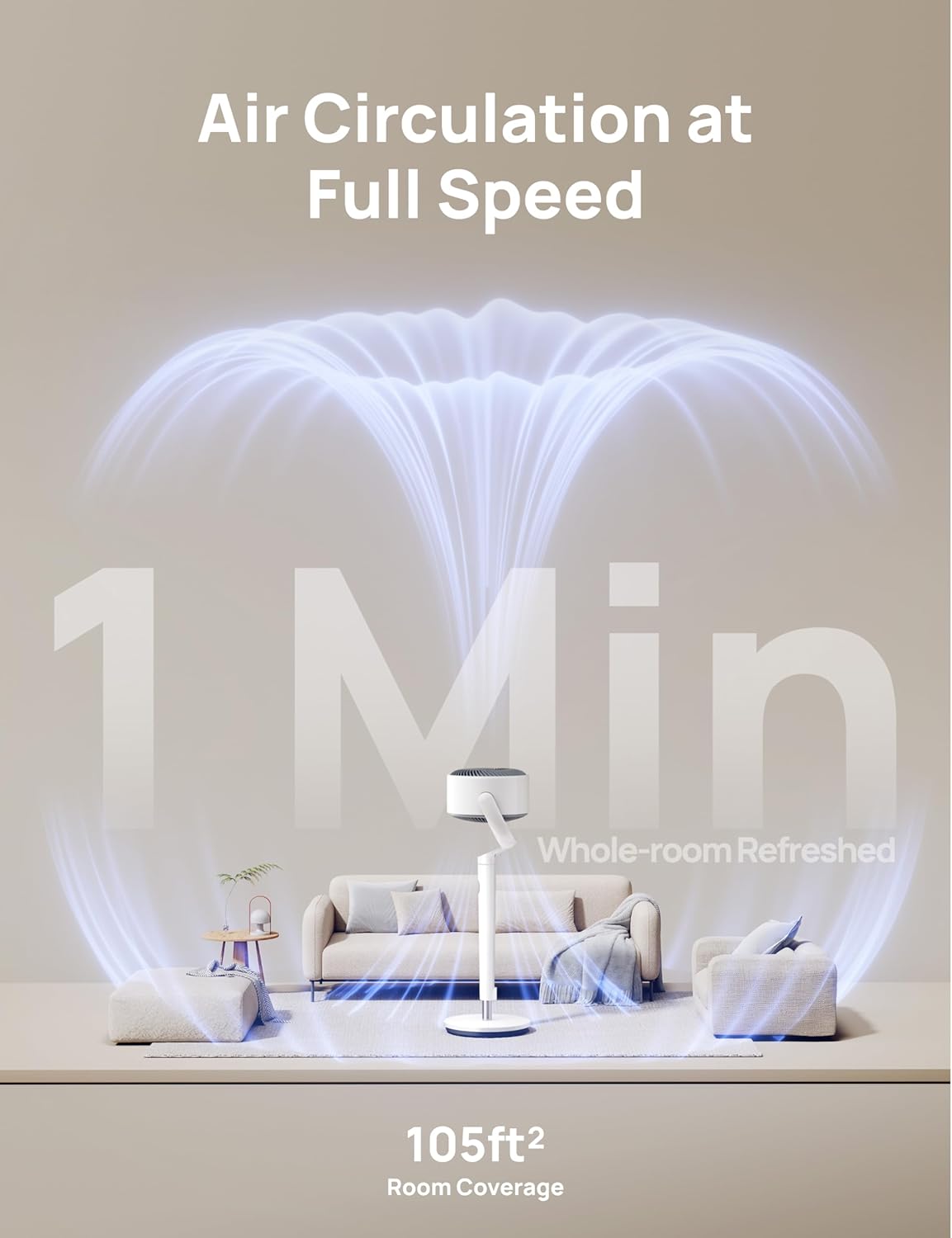 Slim Ossillerende Waaier 120° Omni-Rigting, 90vt Stil Voetstuk m/ RGB-Lig, 9 Spoede, 6 Modusse 8H Tydhouer, Wi-Fi/Stem, 37-42" - Wit