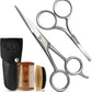 OLOV Professional Beard & Mustache Scissors - Beard Trimming Scissors Set with Boar Bristle Beard Brush with Wood Handle, Carrying Pouch for Men, 4 Pieces Moustache Comb Beard Grooming Scissors Kit
