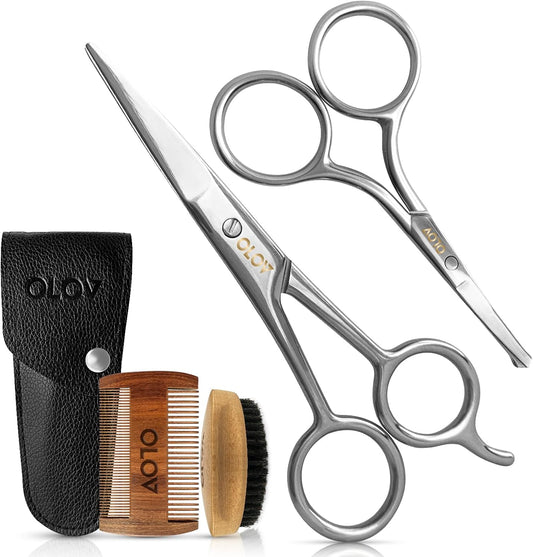 OLOV Professionele Baard- en Snorre skêr – Baardtrimmer skêrstel met Wildsvarkhaar Baardborsel met Houthandvatsel, Drasakkie vir Mans, 4 Stukke Snorrekam Baardversorgingsskêrstel