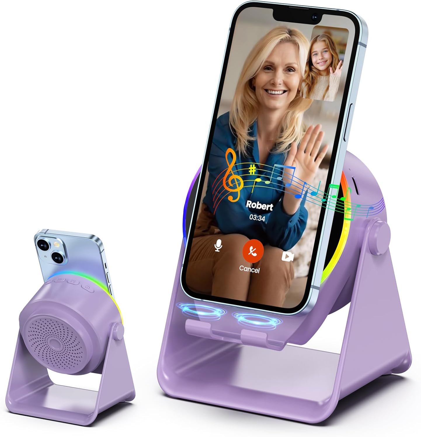Wireless Induction Audio Bluetooth Speaker, 4 in 1 Phone Stand Speakers Amplifier with Colorful Ambient Light,360° Adjustable Holder- Purple