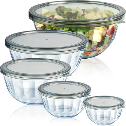 Glasmengbakke met Dekselstelle, 5-stukke Dik Glas-inmekaarpasbakke vir Kombuisbak, Maaltydvoorbereiding, BPA-vry, Skottelgoedwasser Veilig, 0.5/0.8/1.6/2.7/4.4 Qt