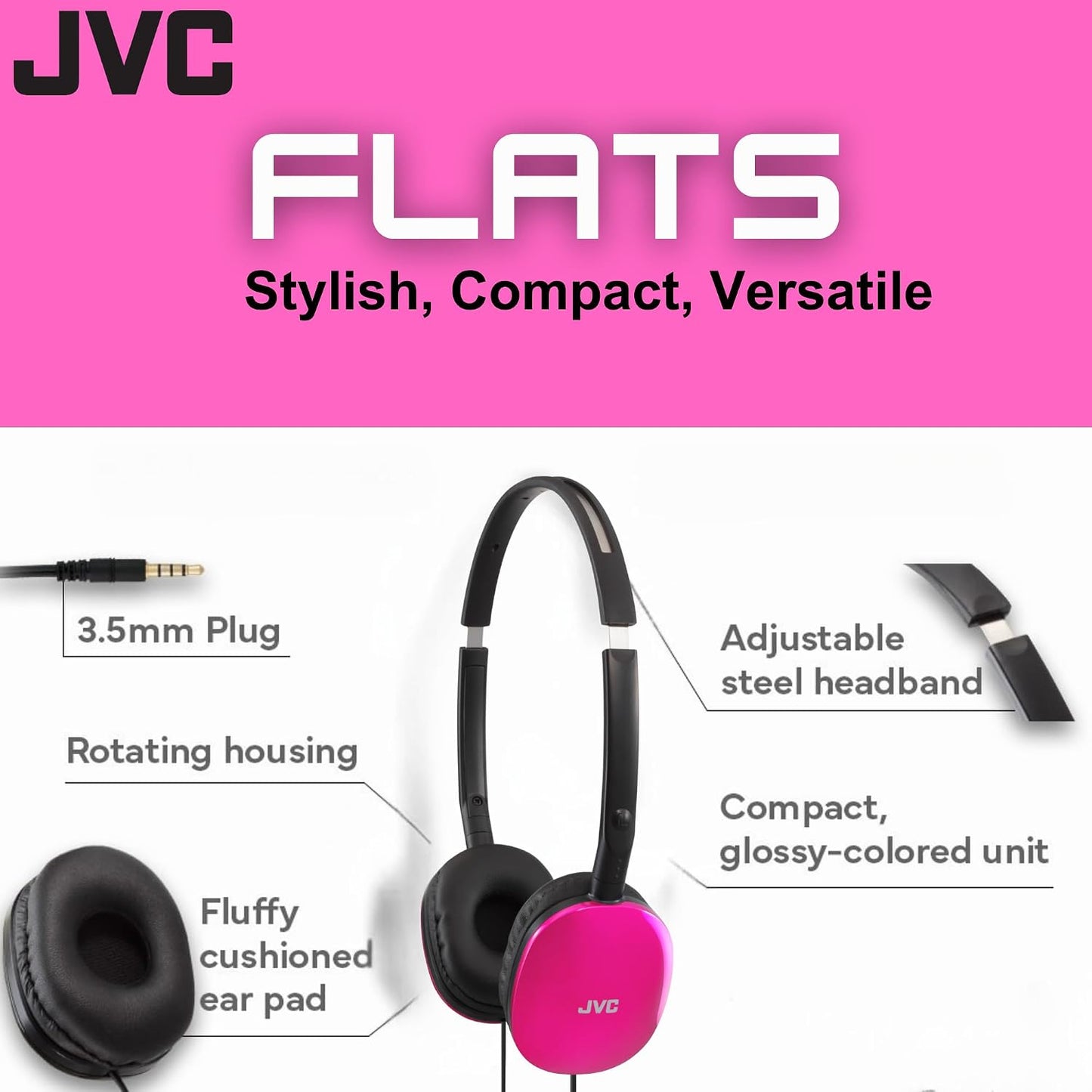 JVC Flats On-Ear Wired Headphones Flat Foldable 30mm Driver, Soft Ear-Pads for Comfort – Steel Headband - Lightweight & Portable 3.5mm Slim Plug - (Pink)